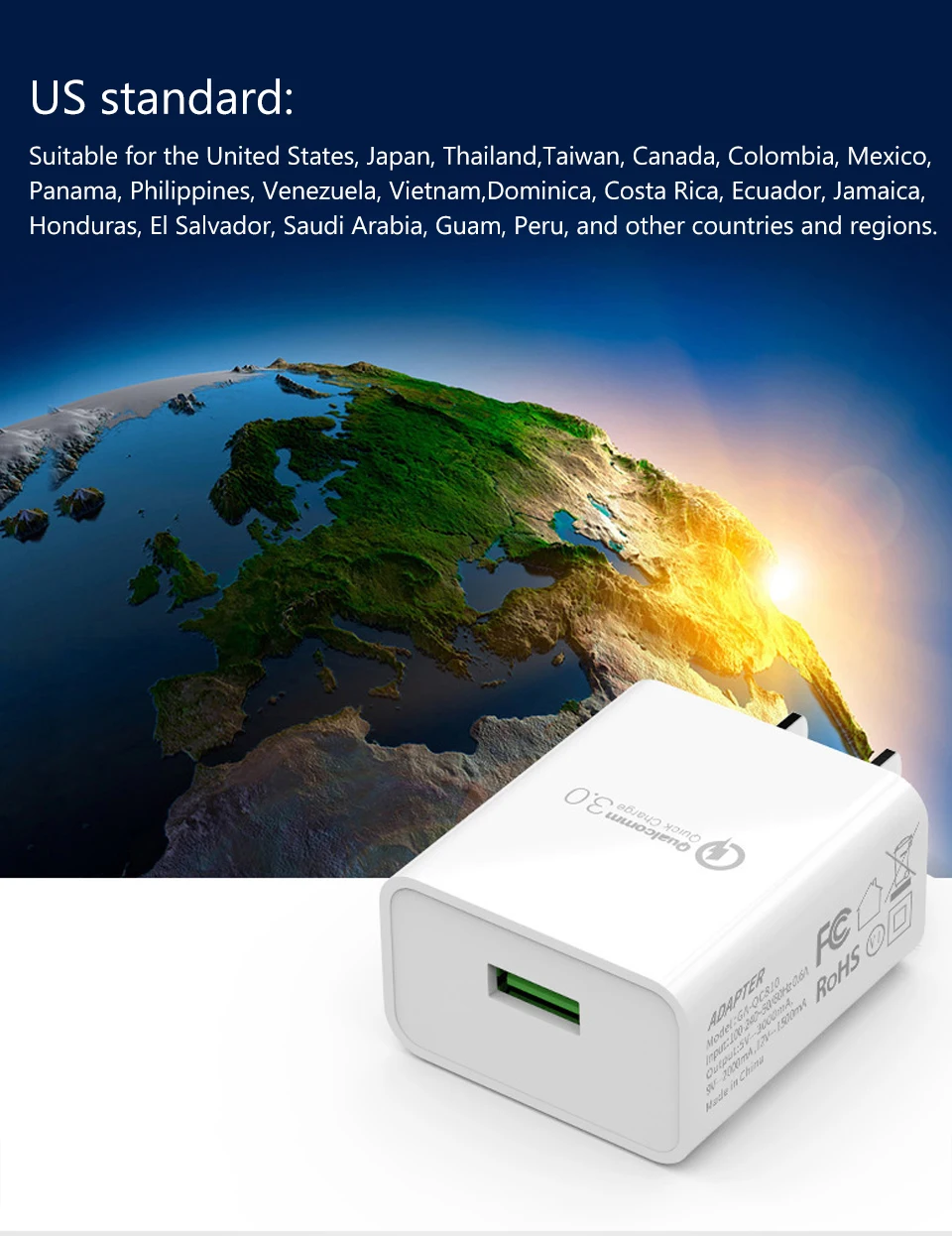 1PC Quick Charge QC3.0 Travel US Plug 18W Fast Charging UL Certification USB Wall Mobile Phone One 5V3A USB Power Adapter (4)
