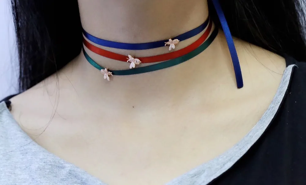 

ZOZIRI green blue red ribbon choker Bee Necklace AAA Cubic Zirconia Stones Monaco Women Birthday Jewelry Gift can be bracelet