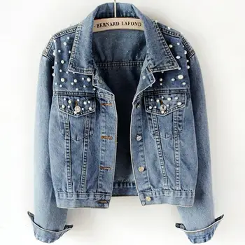

Spring Pearl Beading Ripped Women jeans jacket
