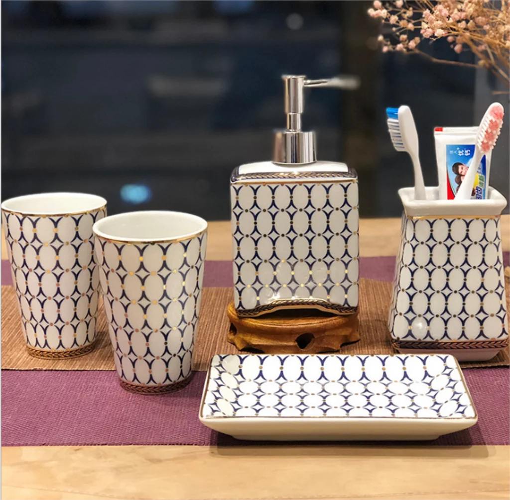 

Bathroom Accessories Set For Home Hotel Exquisite Ceramics Soap Dish Bath Set Toothbrushes Cup Holder Soap Dispenser GiftsLFB290