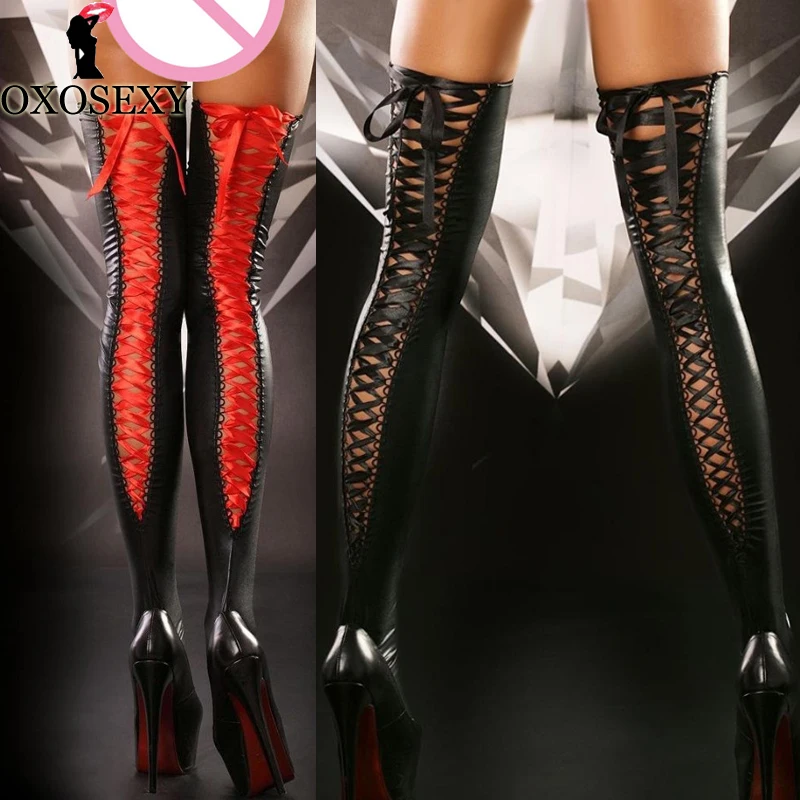 Черные и красные облегающие латексные кожаные чулки сексуальное женское бельё сексуальные женские колготки чулки "Medias" 530
