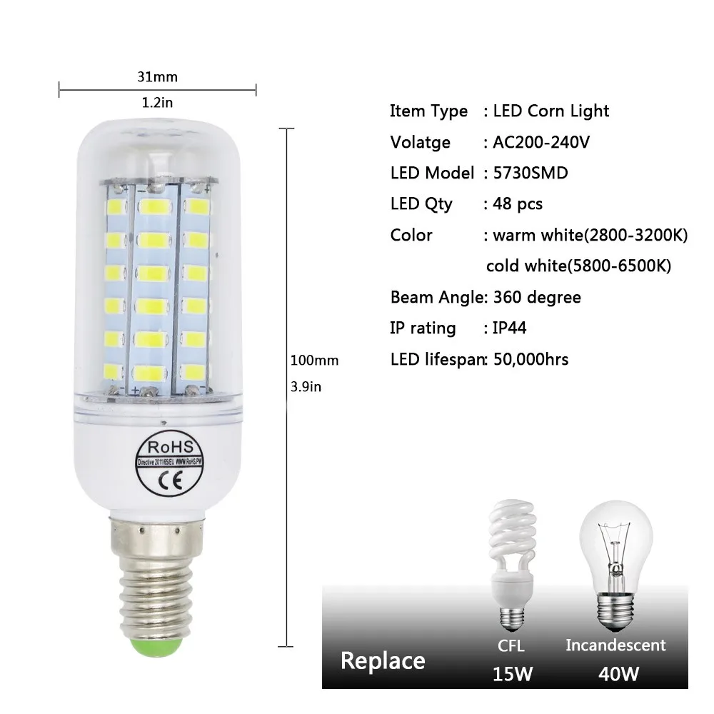 Светодиодный Светодиодная лампа-кукуруза E27 E14 Свеча светильник Bombillas 220V SMD 5730 домашняя декорационная лампа для Люстра-прожектор 12 24 36 48 56 69 светодиодный s