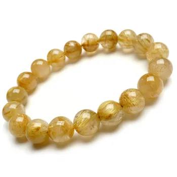 

10.5mm Brazil Natural Genuine Gold Hair Needle Titanium Rutilated Quartz Round Loose Bead Womens Stretch Crystal Bead Bracelet