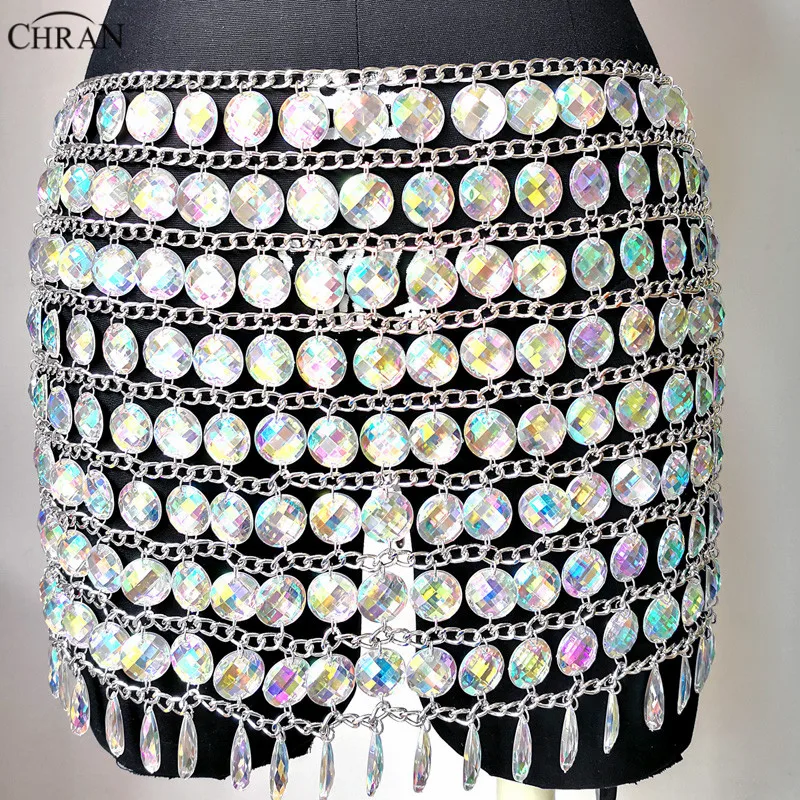 

Chran AB Irridescent Beaded Skirt Lingerie Disco Party Mini Dress Beach Cover Up Chain Cape Necklace Bra Bralette Jewelry CRS216