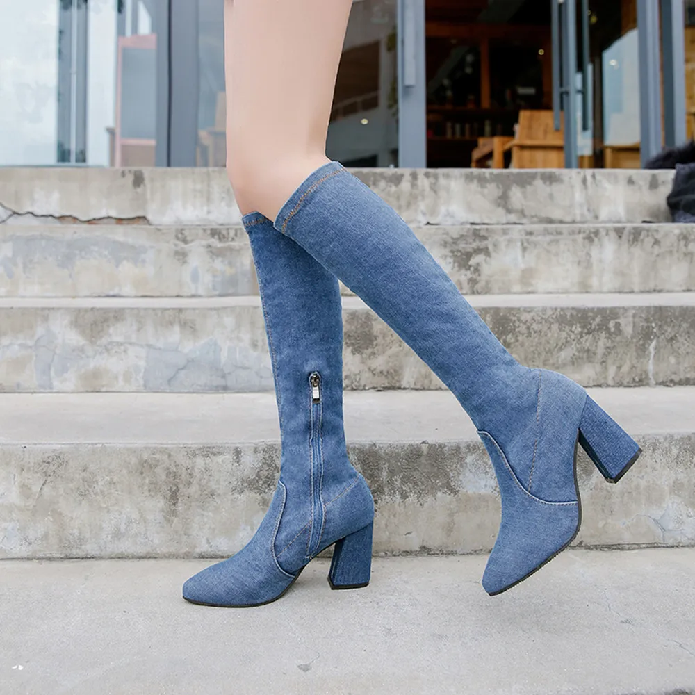 

ankle boots for Women Women Denim Over The Knee Boots Zipper Sexy Hoof Heels Women Shoes Winter Warm #NFA