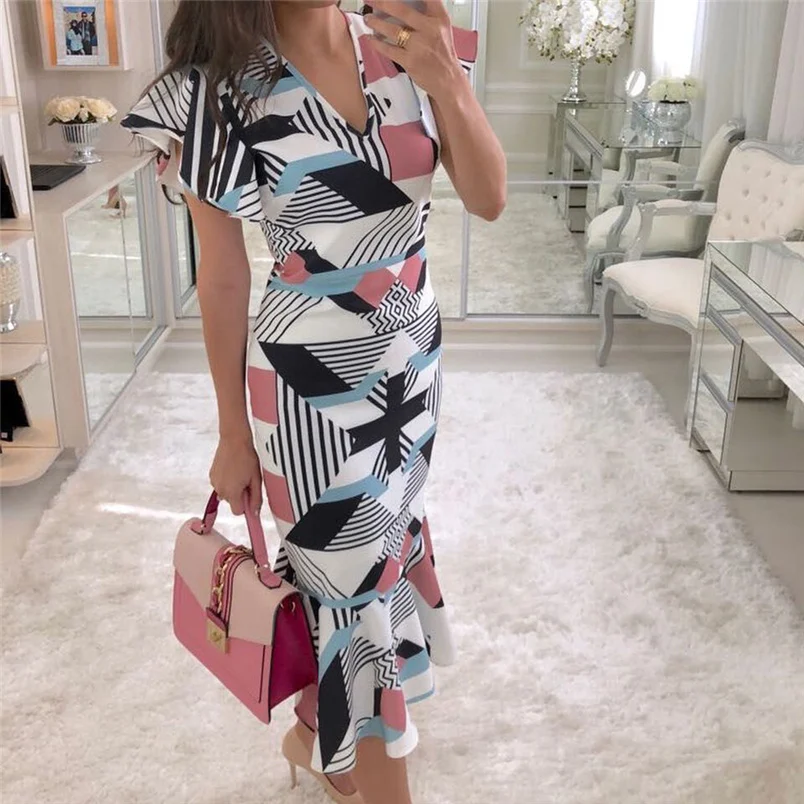 

Women Summer Dress Fashion Block Print V-neck Butterfly Sleeve Ruffles Hem Party Beach Dress Vestidos Free Shipping