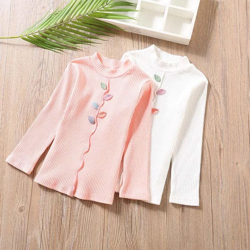 

2018 Autumn Baby Girls Rib Knit T Shirt Blouse Warm Outfit Toddler T-shirts Pink Baby Autumn Elastic Top Bottoming