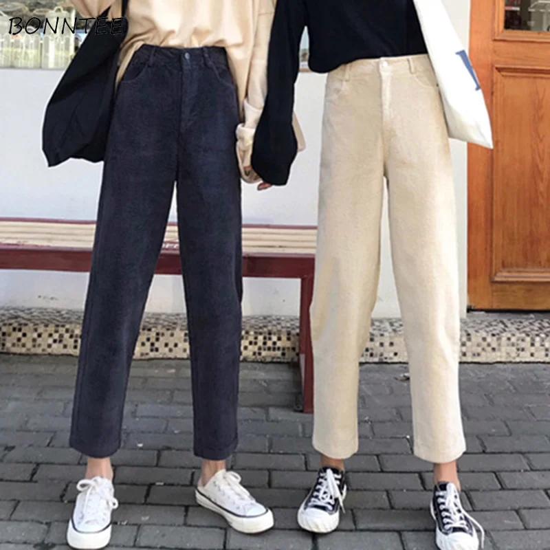 

Pants Women Single Button Zipper Pockets Solid Color Simple Womens Trendy Ankle-Length Corduroy High Leisure All-match Korean