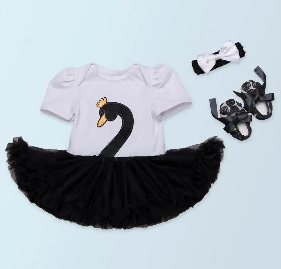 

3PCs per Set Baby Girls Elegant Swan Tutu Dress Bow Headband Rose Flower Shoes for 0-24Months