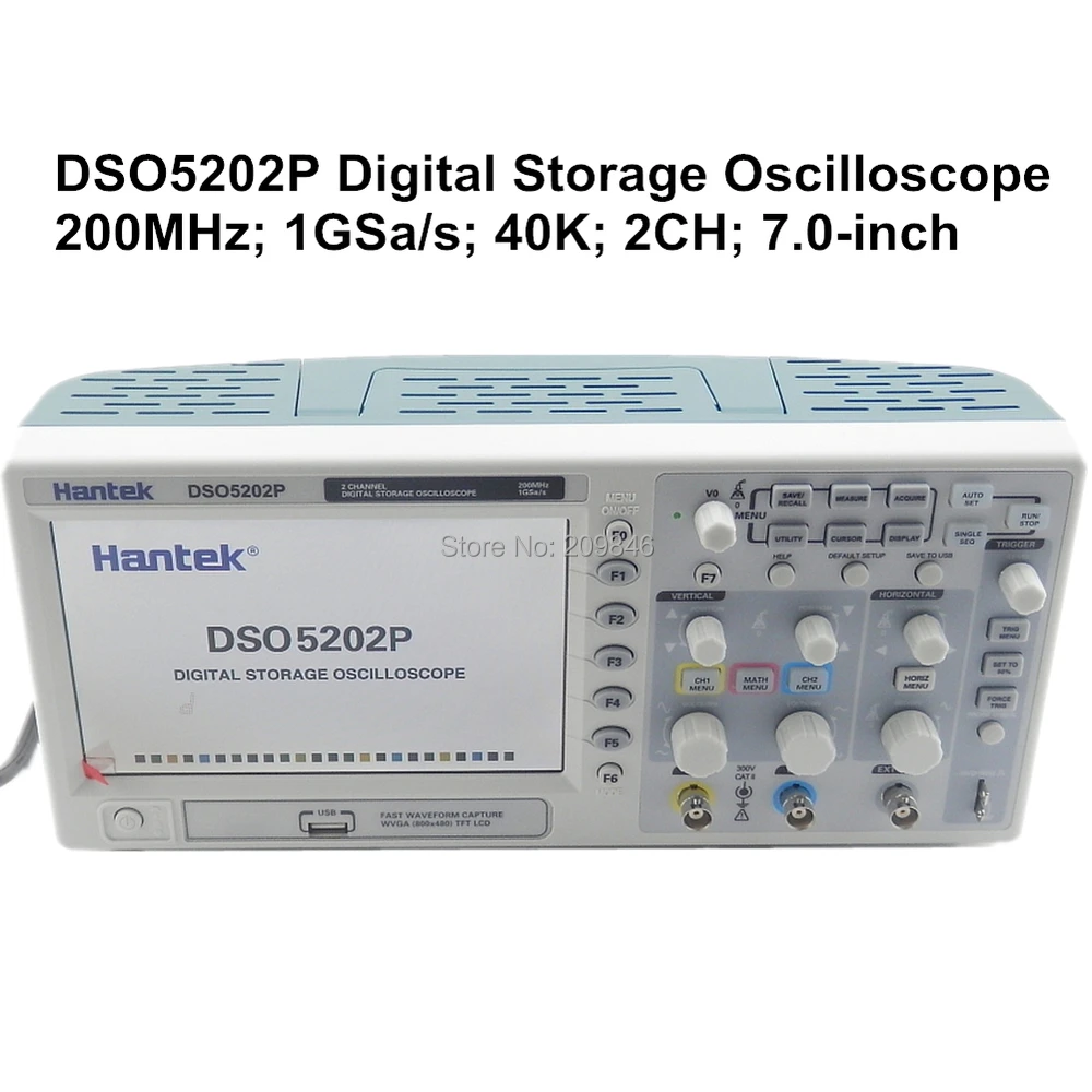 7'' TFT LCD 2CH Record Length 40K USB AC110-220V 200MHz 2 Channels 1GSa/s Hantek DSO5202P Digital storage oscilloscope |