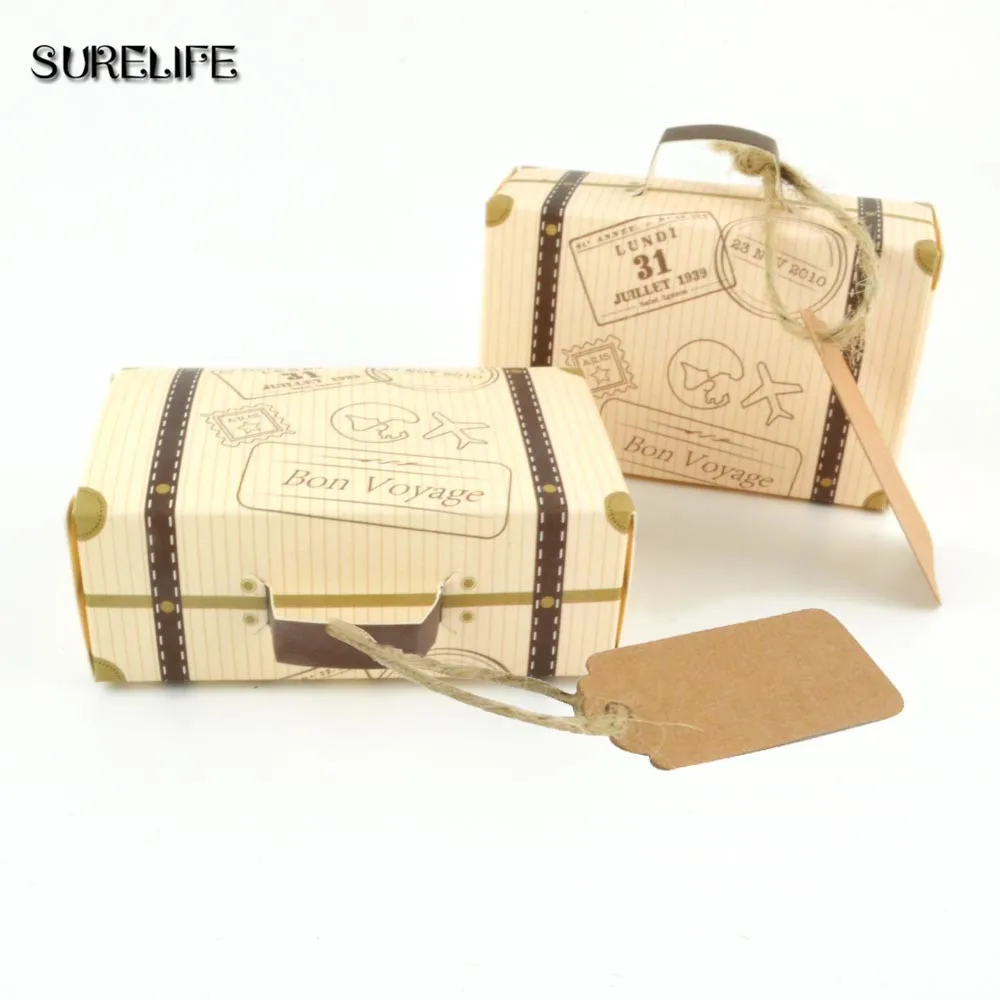 

100pcs Mini Suitcase Wedding Paper Gift Box Party Favor Candy Boxes Supply Accessories Favour Paper Gift Boxes with Tags