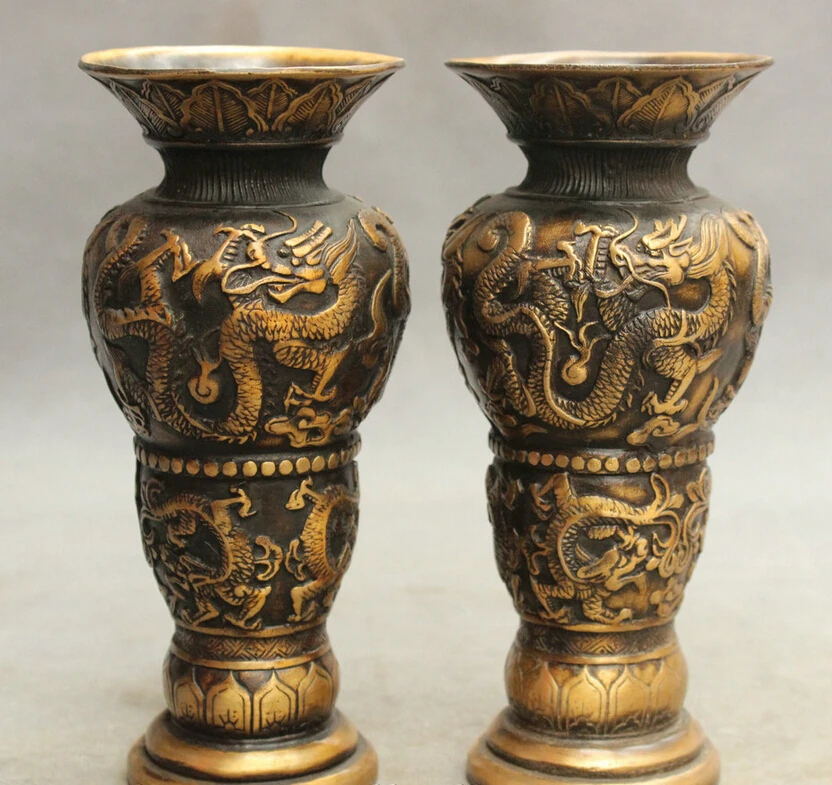 

S5175 Marked China Chinese Bronze Palace Fly Dragon Ball Statue Bottle Pot Vase Pair D0317