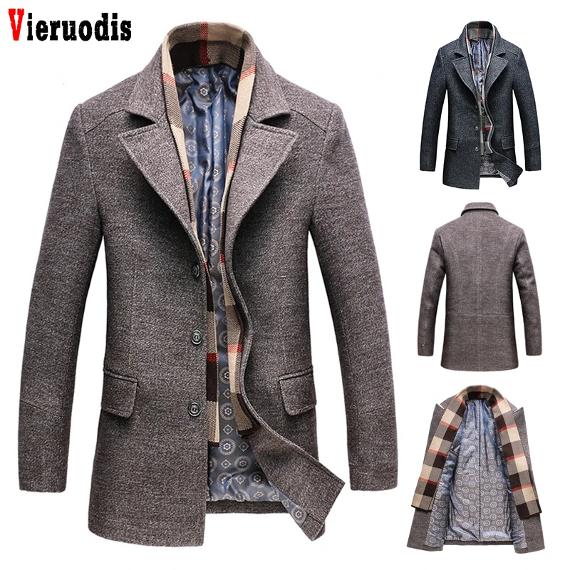 

Men's Winter 2019 Male woolen tweed windbreake Casual Wool Trench Coat Fashion Business Long Thicken Slim Overcoat Jacket