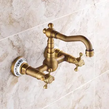 

Good Quality Wall Mounted Dual Handle Bronze Color Kitchen Sink Faucet Brass Hot and Cold Water Swivel Spout Mixer Tap JM855