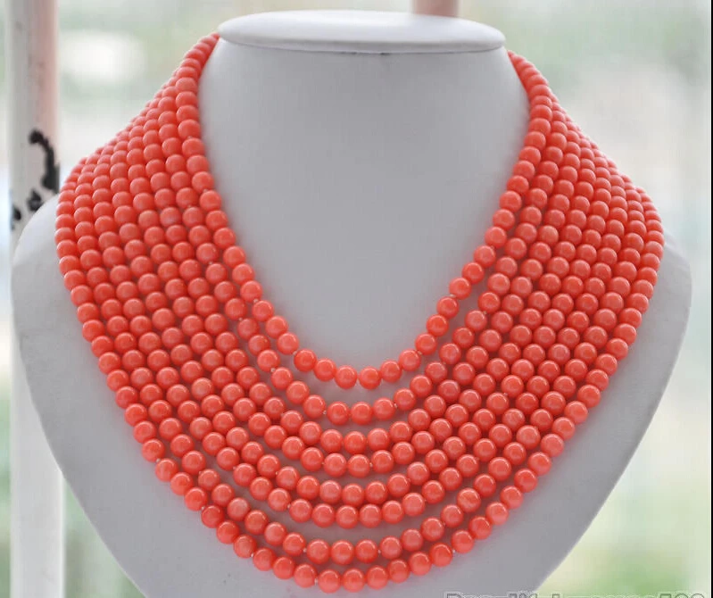 

z6036 8strands Real 6MM round pink coral bead necklace 16"-22"inch
