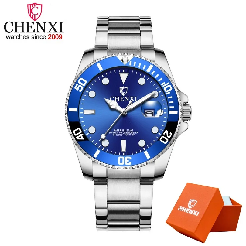 Relojes Hombre новые часы Мужские Роскошные Кварцевые часы CHENXI мужские наручные часы Лидирующий бренд Роскошные полностью стальные водонепроницаемые часы - Цвет: Silver Blue