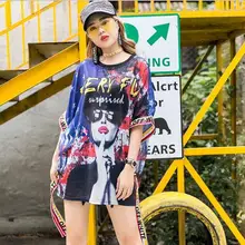 Для женщин уличная одежда с принтом «граффити»; короткий рукав футболки новинка шею Повседневное длинная верхняя одежда, большой размер, свободного кроя летняя футболка пуловер