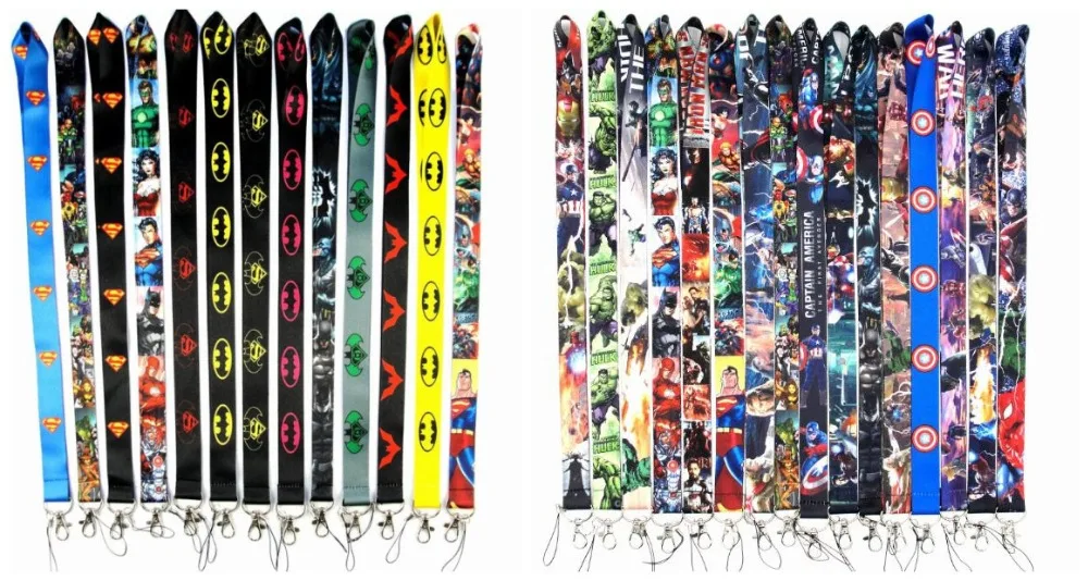 

LOT 10PCS avengers Batman Superman Spider-man hulk Captain America key lanyards id badge holder keychain straps for mobile phone