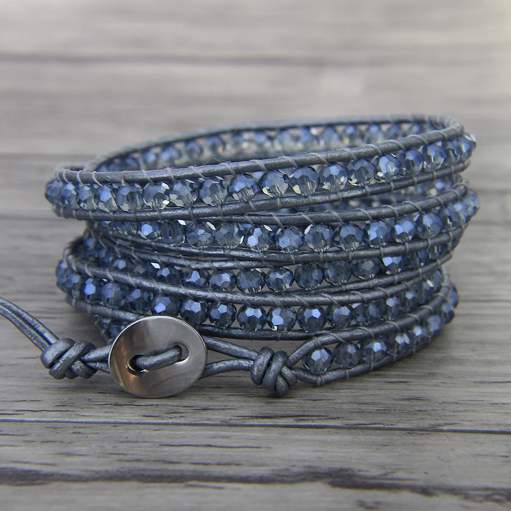 Boho blue crystal beads bracelet leather boho wrap bracelet blue beads bracelet yoga jewelry