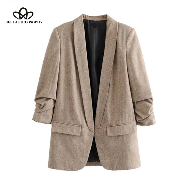 Wonder 2018 new autumn chic twill blazer gathered three quarter sleeve pockets office wear coat notched collar vintage outerwear