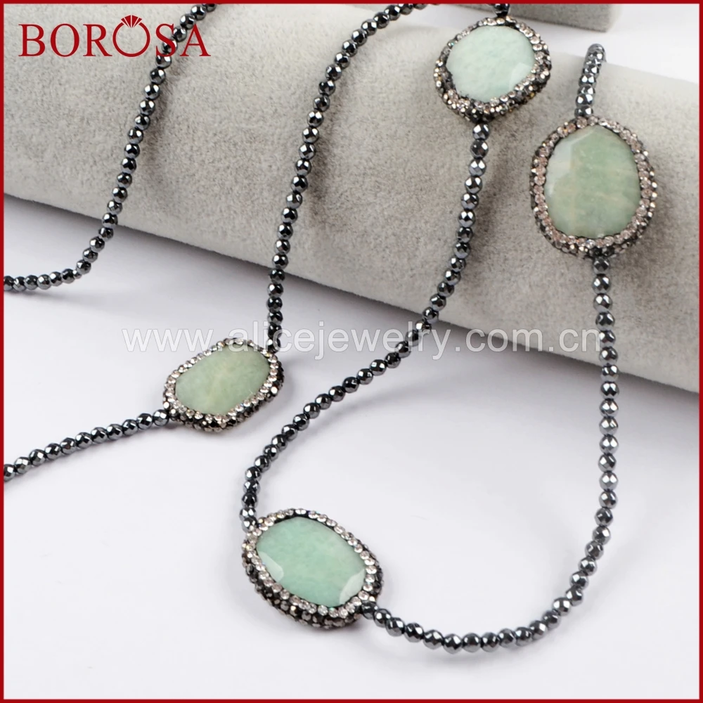 

BOROSA 3PCS 36Inch Black Beads Necklace, Five Natural Amazon Stones Necklaces Crystal Paved Zircons for Women Jewerly JAB908