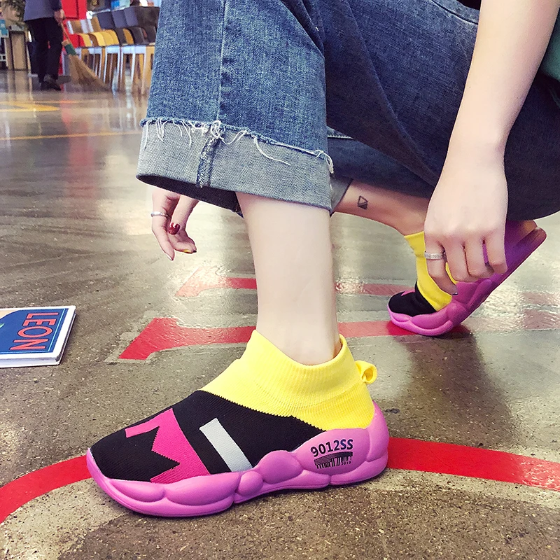 

2019 Spring/Autumn New Women Ankle Sock Boots Casua Chunky Sneakers Breathable Mesh Platform Mixed Colors Sneakers Basket Femme