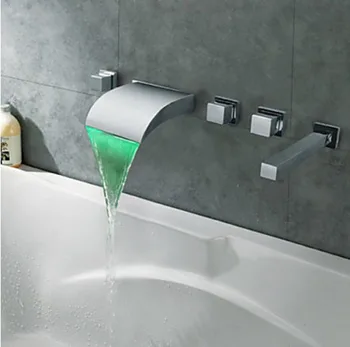 

Chrome Finish LED Waterfall Bathroom Tub Faucet Wall Mounted Tap Three Handles