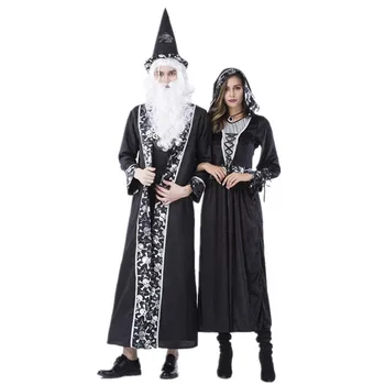 

New Purim Carnival Halloween Costumes Skull Wizard Magician Costume for Men Witch Cosplay for Women Fancy Cosplay Robe Gown