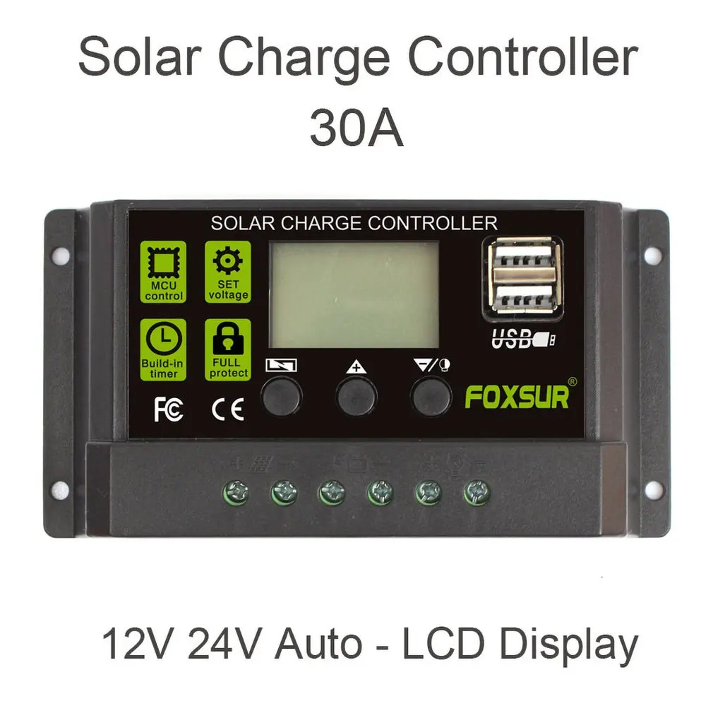 

FOXSUR 30A Auto Solar Charge Controller PWM Controllers LCD Dual USB 5V Output Solar Panel PV Regulator