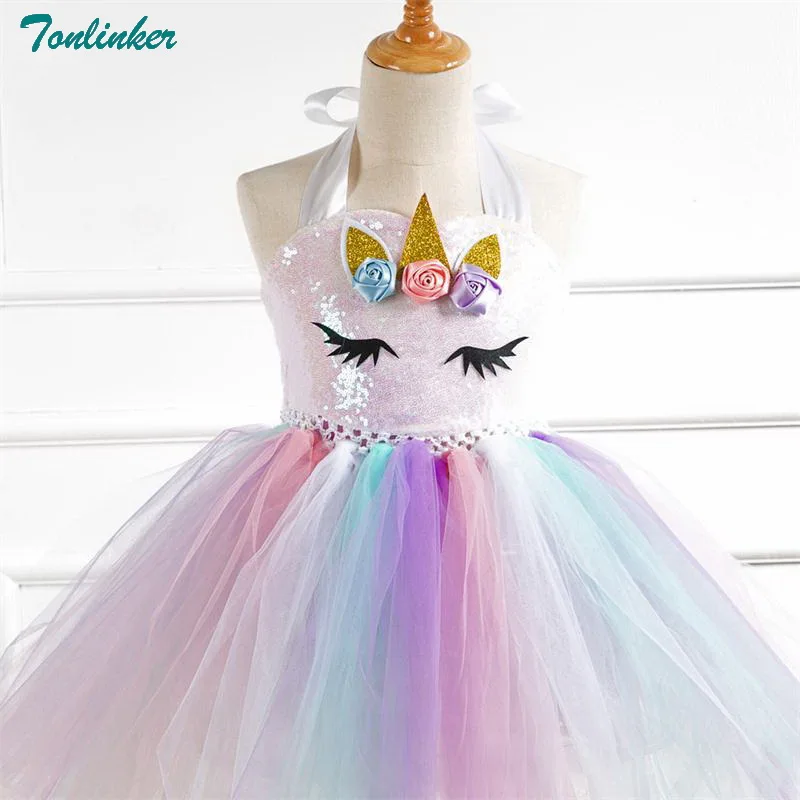Girls Unicorn Pony Costume With Headband Tutu Dress Flower Sequin Princess Girls Party Dress Children Kids Unicorn Costumes New 