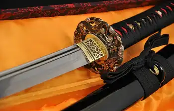 

REAL HAMON JAPANESE SAMURAI SWORD KATANA FULL TANG Clay Tempered Unokubi-Zukuri Blade BRASS DRAGON TSUBA - HANBON MADE CUSTOM