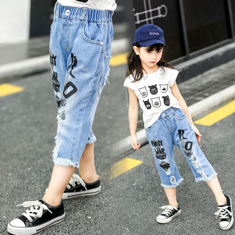  IENENS Summer Kids Girls Capris Jeans Cropped Pants Loose Denim Trousers Child Girl's Cowboy Pants 
