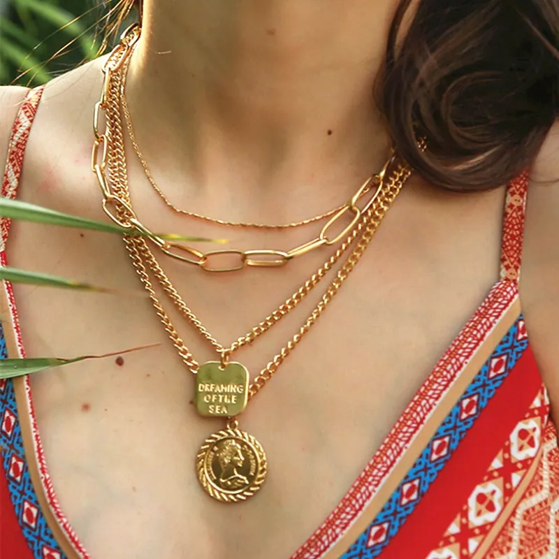 

Vintage Gold Carved Coin Pendant Necklace Exaggerated Punk Multilayer Metal Necklaces for Women Party Summer Beach Jewelry