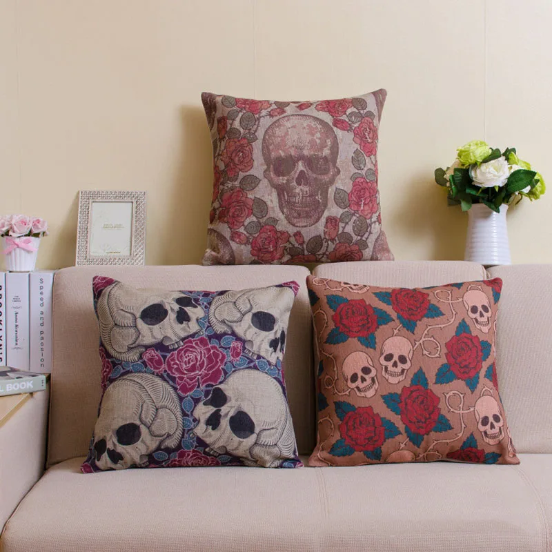 

Punk Style Skull Cotton Linen Cushion Cover Pillowcase Flowers Pattern Car Sofa Waist Pillow Cover Home Decor
