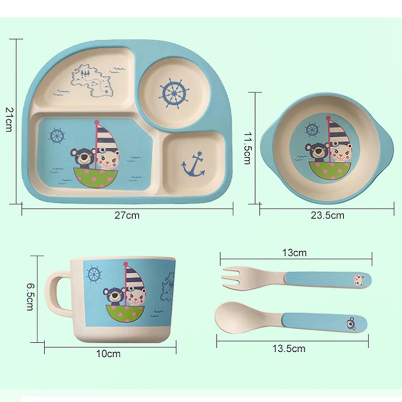 5 шт., детская посуда из бамбукового волокна, тарелка для младенцев с героями мультфильмов, миска, вилка, ложка, чашка, посуда для кормления, удобная детская еда