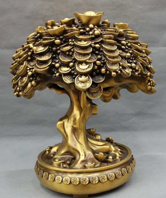 

USPS to USA S1607 15" Chinese Pure Bronze Folk Wealth Coin Statue FengShui YuanBao Money Tree Set (B0413)