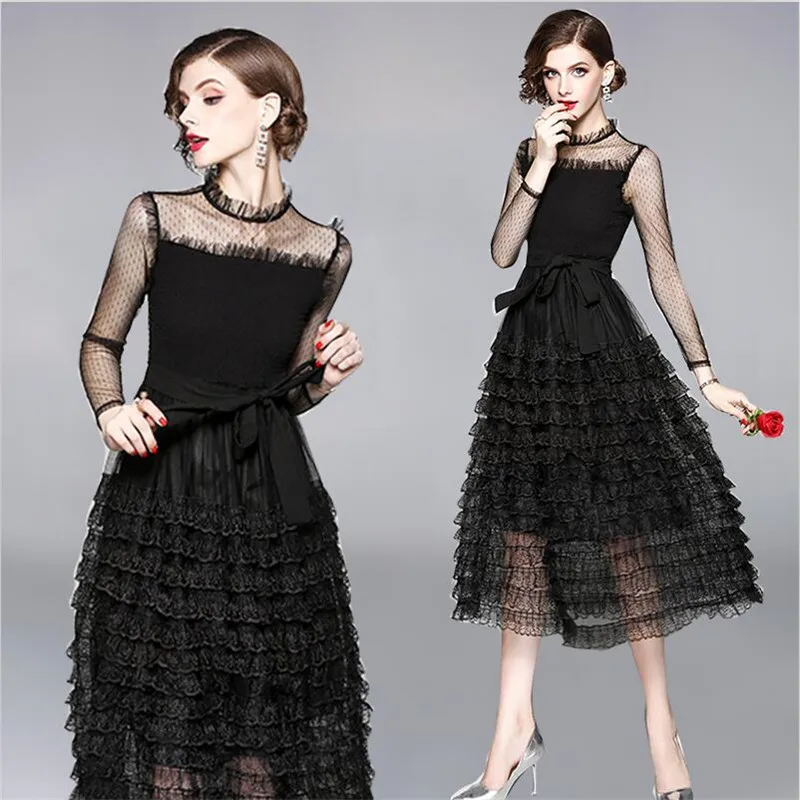 Vintage Mesh Lace Patchwork Party Dress Black Lace See Through Sexy ...
