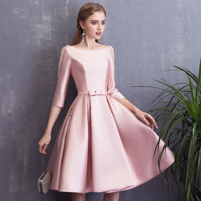 He's Bride New Elegant Pink Cocktail Dresses Simple Satin 3/4 Sleeved Short Beading Party Gown