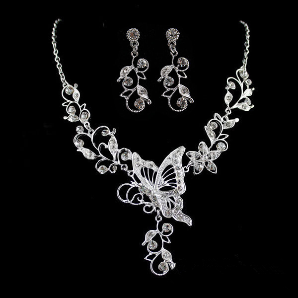 Jewelry Set Bride Rhinestone Jewelry Set Silver Plated Butterfly Choker Necklace Earrings Set Jewelry For Women Girls