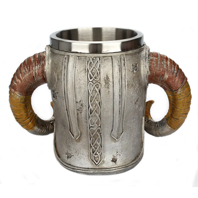 Stainless Steel 3D Skull Mug Viking Ram Horned Pit Lord Warrior Beer Stein Tankard Coffee Mug Tea Cup Halloween Bar Drinkware