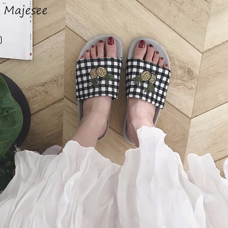 Summer Slippers Women Pineapple Cute Korean Style Fabric Simple Plaid Flat Slipper Ladies Non-slip Shoes Womens All-match Chic | Обувь