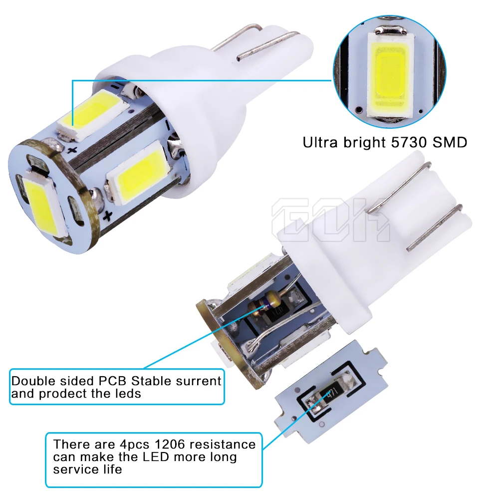 100 шт. Автомобильные светодиодные лампы T10 5SMD W5W t10 5led 192 168 194 5730 5630 SMD белые