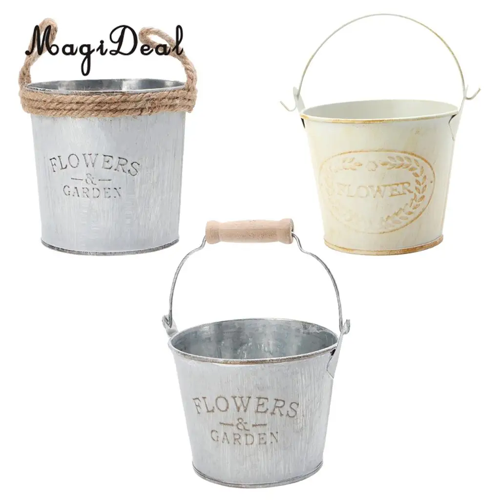 

3 Pieces Shabby Chic Galvanised Iron Flower Plants Pot Bucket Flower Vase
