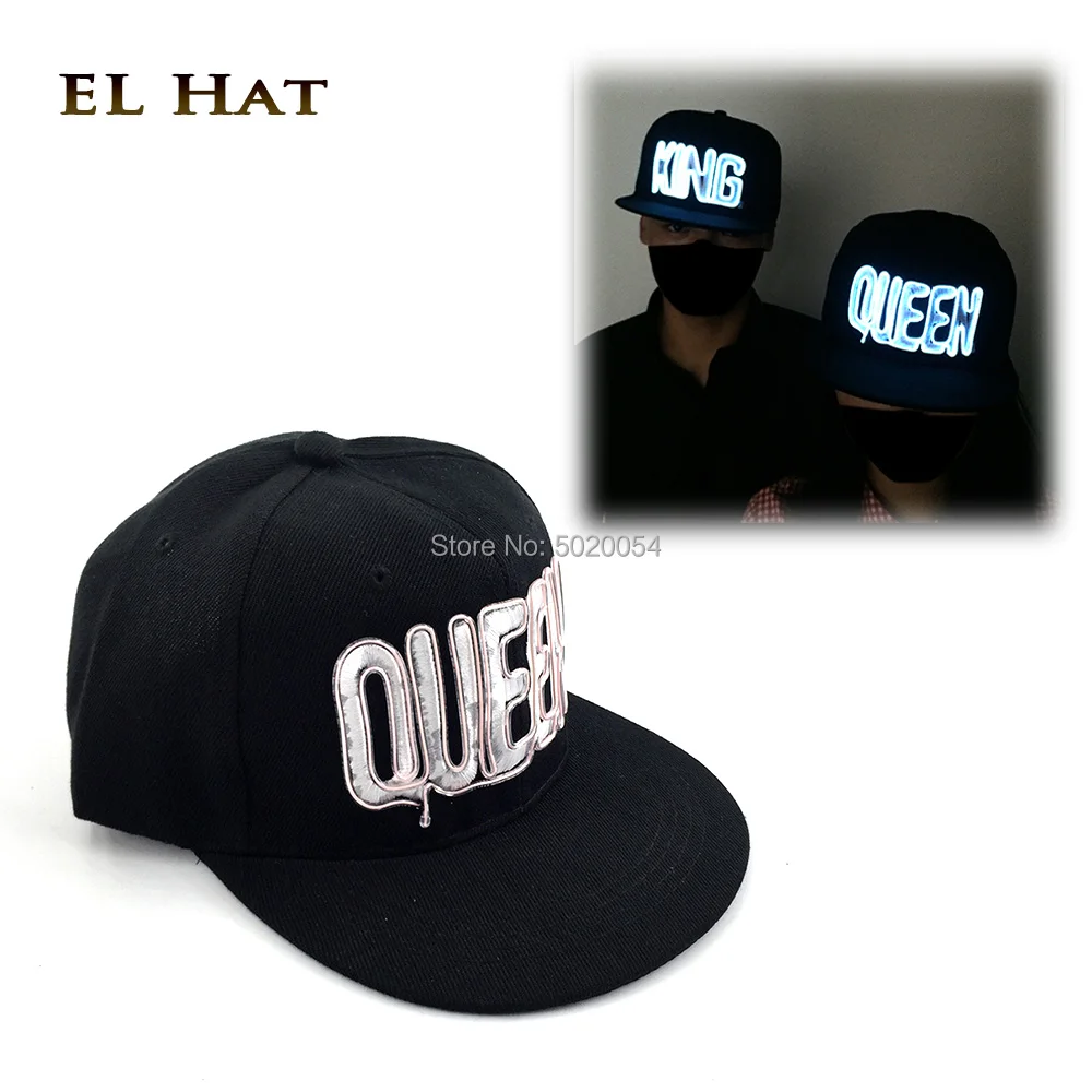 

2019 Popular KING QUEEN Lover's Baseball Glowing Hat Letter Embroidery Hip-Hop LED Luminous Couple Caps EL Wire His-and-hers Cap