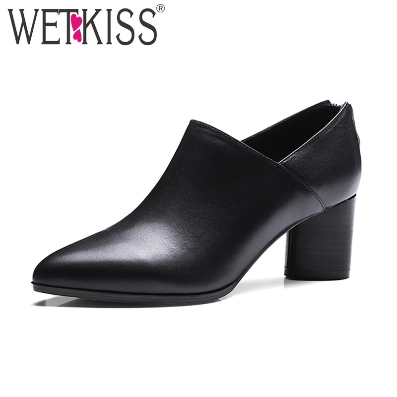 

WETKISS 2018 Spring Genuine Leather Women Shoes Thick Heels Footwear Female Pointed toe Zipper Pumps Woman Solid Office Pumps