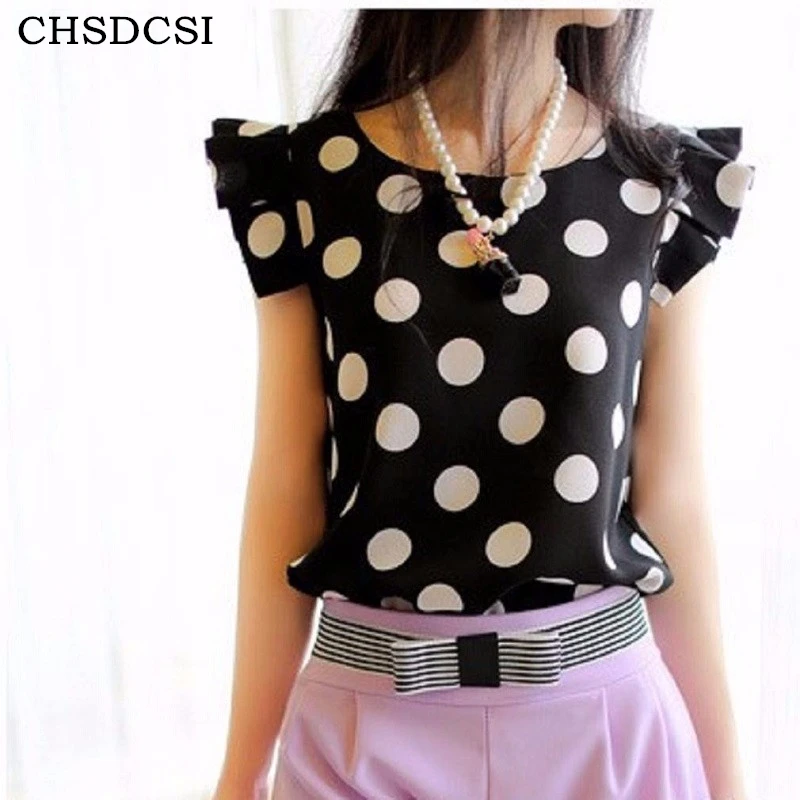 

CHSDCSI Women Chiffon Blouse Summer Tops Black Polka Dot Ruffled Pleated Feminina Short-sleeve Shirt Female Plus Size Blouse