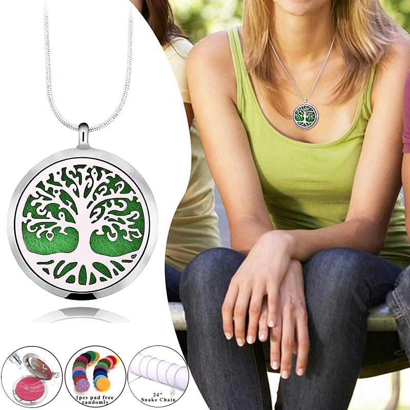 

Tree Of Life Pendant locket 316L Stainless Steel Aromatherapy Essential Oil Diffuser Necklace with 60cm Snake Chain