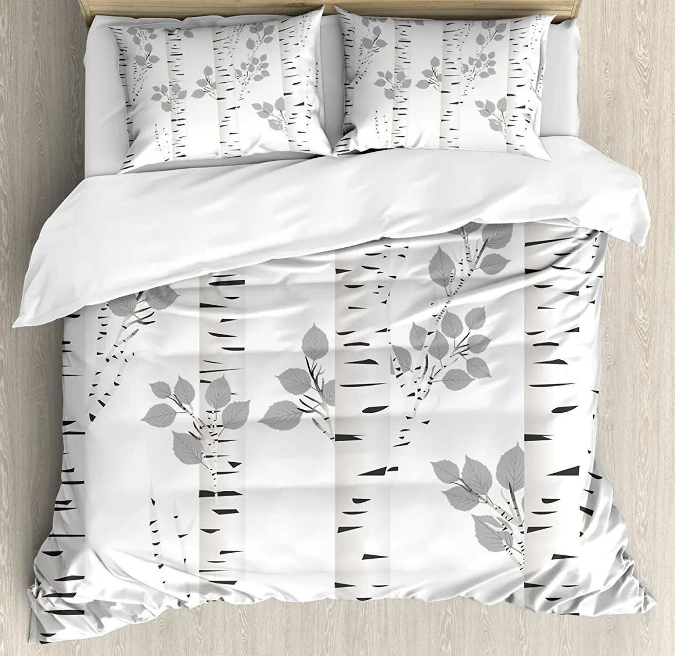 

Duvet Cover Set, Artistic White Branches with Leaves Autumn Nature Forest Inspired Image Print, 4 Piece Bedding Set