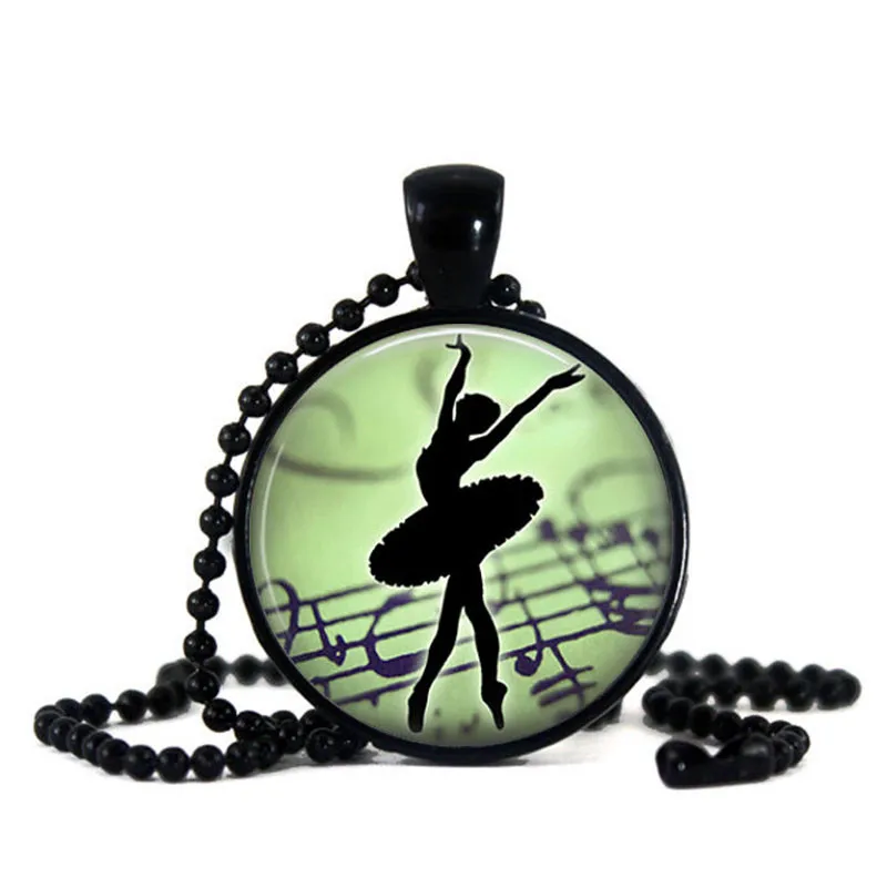 Image Glass Cabochon Pendant Necklace Ballerina Danceing Art Picture Black Bead Chain Necklace Women Jewelry Dance Teacher Gift