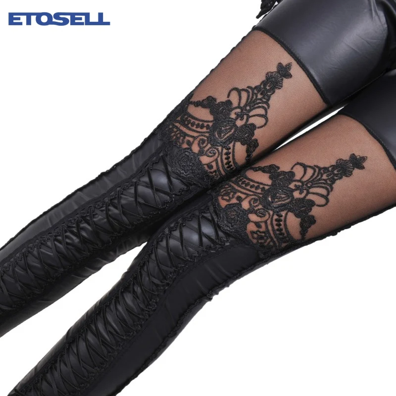

1 Piece Sexy Cuciture Pizzo Elasticizzato Skinny Leg Faux Leather Leggings Black Legins Punk Gothic Fashion Women Pants